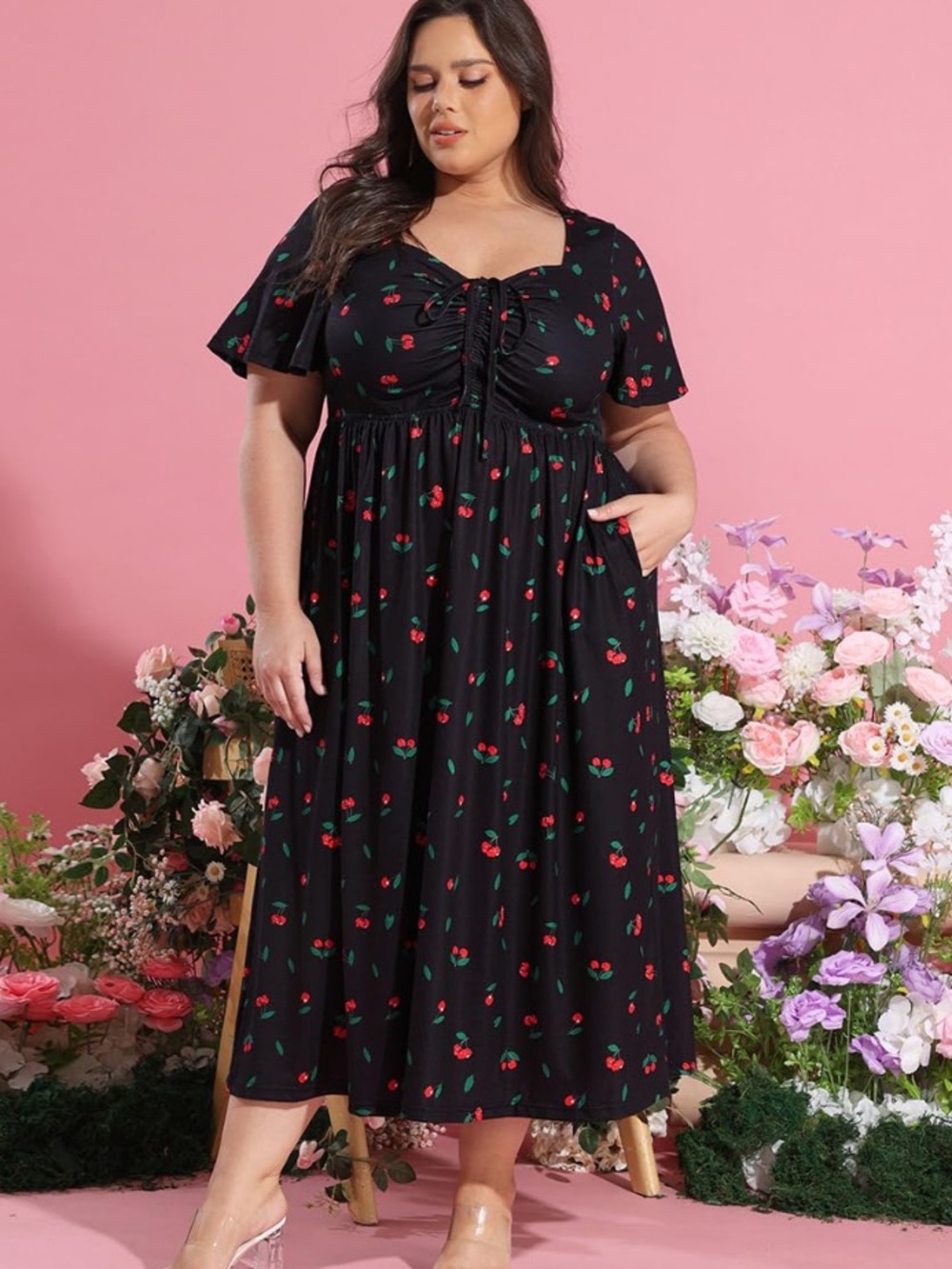 Ava & Viv Women's Plus Flutter Sleeve strawberry print Maxi Dress 2X